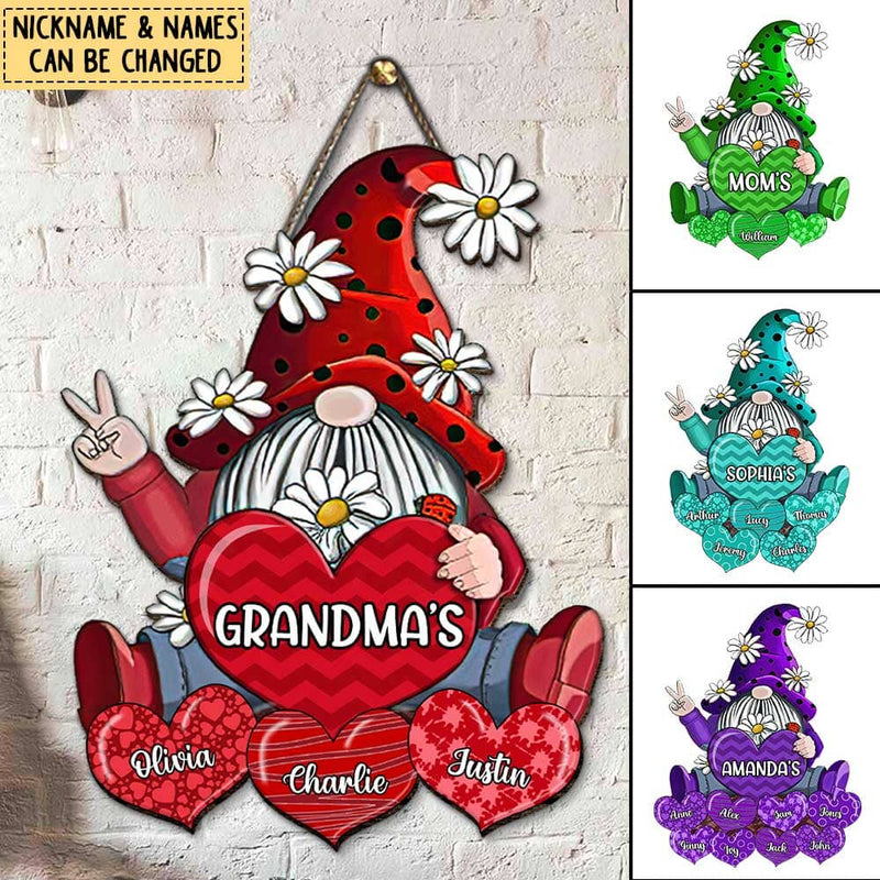 Gnomes With Hearts Grandma And Grandkids Name Personalized Shape Wooden Sign