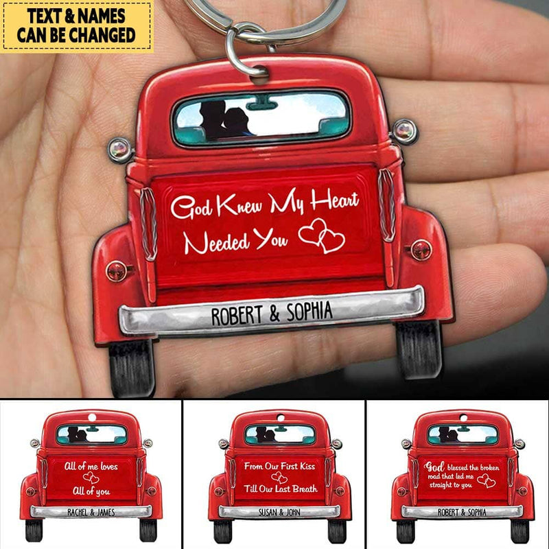 Personalized Couple Red Truck Wooden Keychain