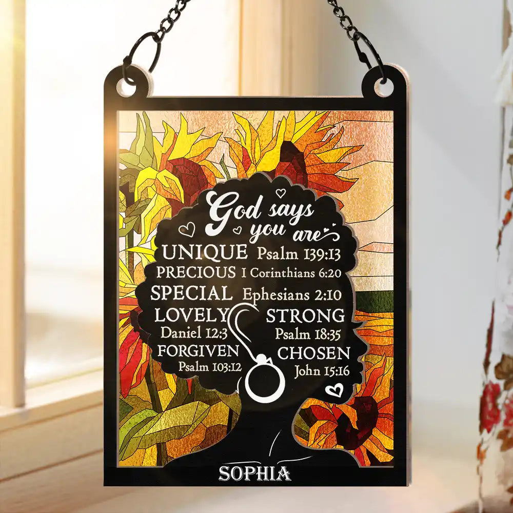 God Says You Are Sunflower Self-proclaimed - Personalized Black Woman Suncatcher Ornament