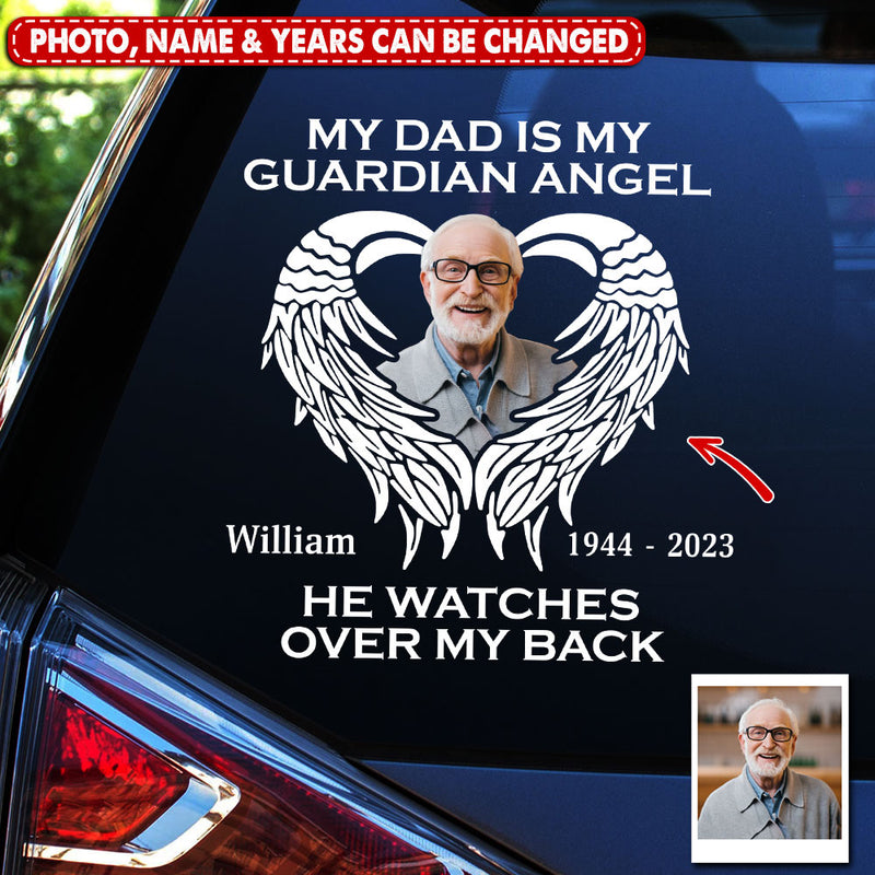 Memorial Upload Photo Heart Wings, My Dad Mom Grandma Grandpa Is My Guardian Angel Personalized Sticker Decal