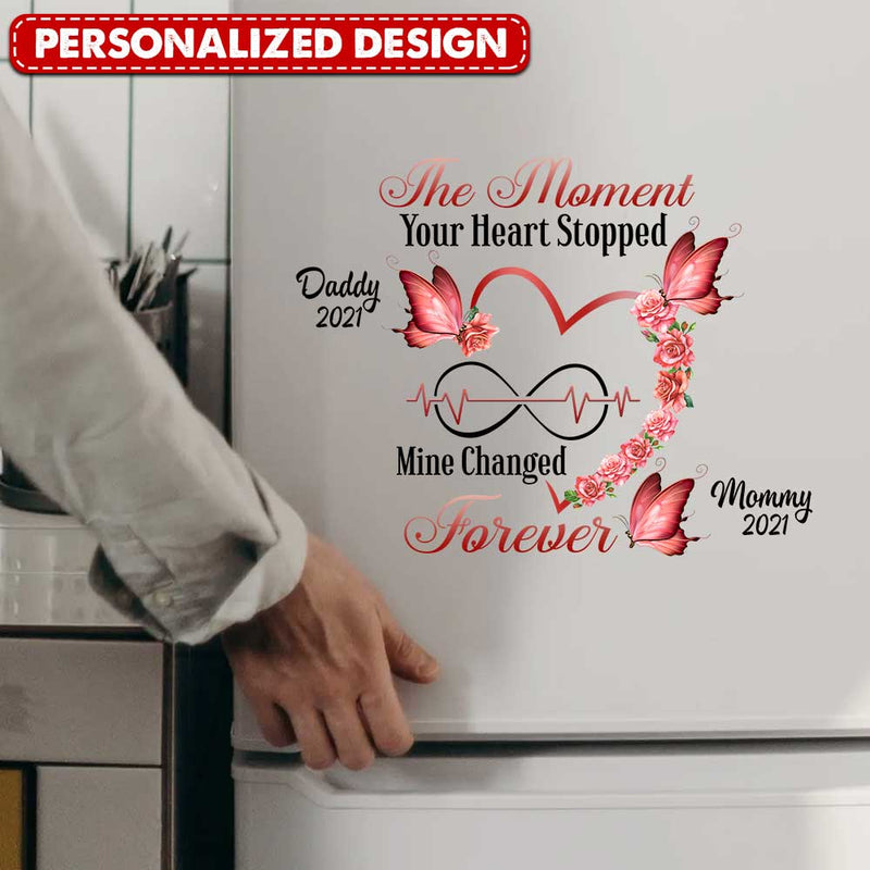 Memorial Butterfly Heart Infinity, The Moment Your Heart Stopped, Mine Changed Forever Personalized Sticker Decal