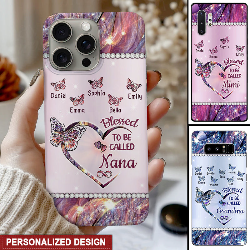 Sparkling Grandma- Mom Heart Butterfly Kids Personalized Glass Phone Case