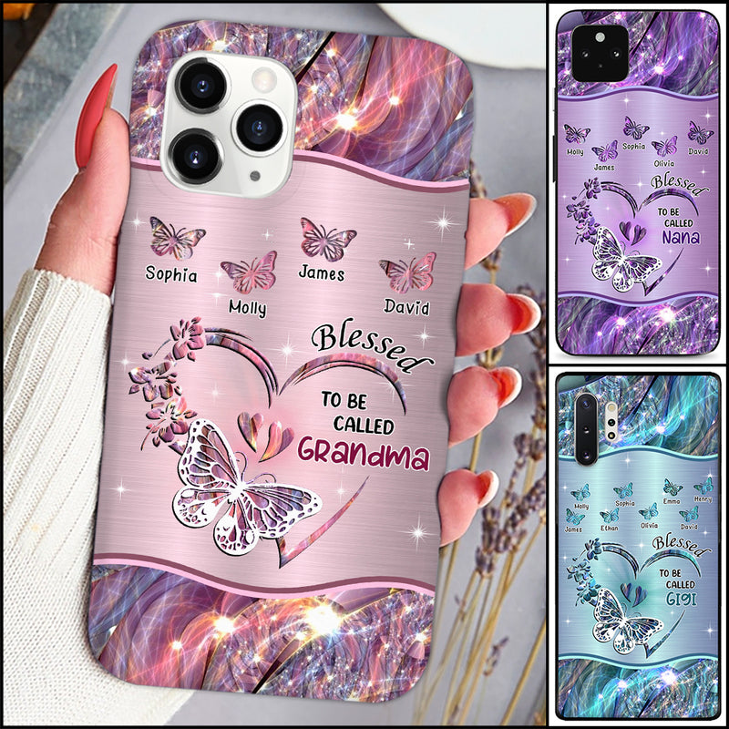 Sparkling Grandma- Mom Heart Butterfly Kids Personalized Glass Phone Case