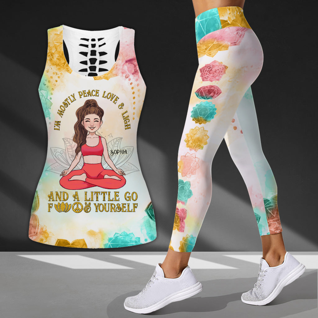 I'm Mostly Peace Love And Light - Personalized Yoga Hollow Tank Top And Leggings