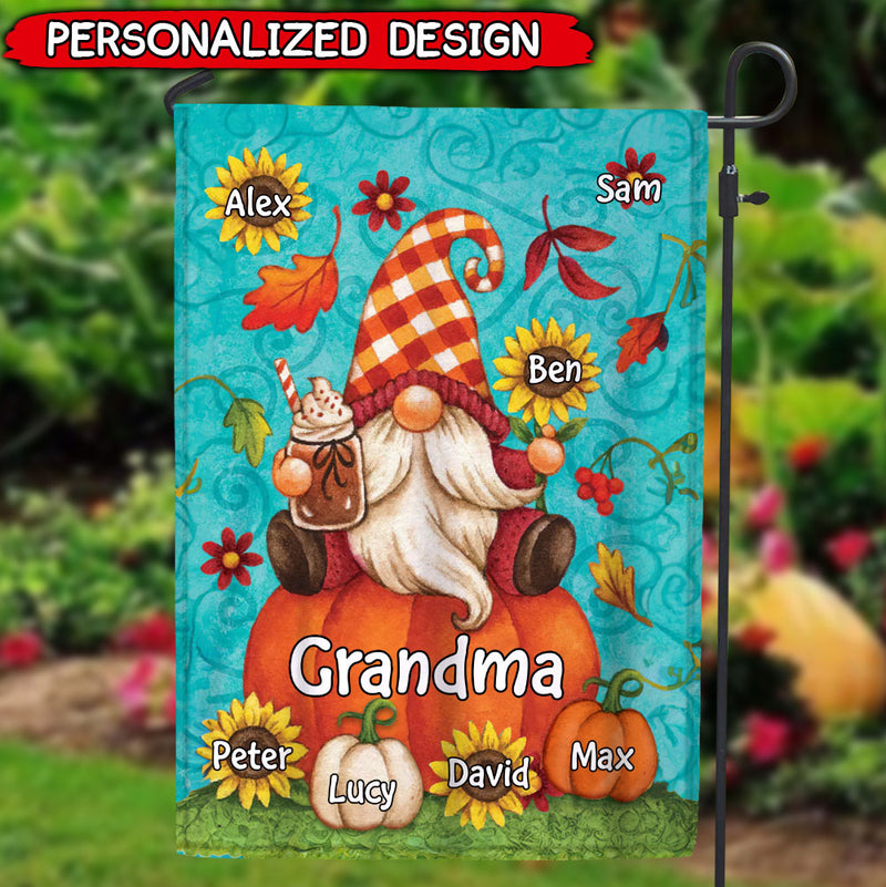 Fall Season Autumn Pumpkins Gnome With Cute Grandkids Personalized Flag