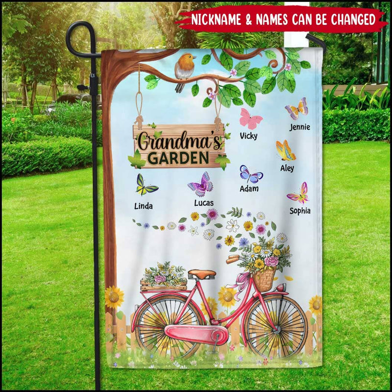 Grandma Mom Bicyle With Butterfly Kids Nana Memaw's Garden Personalized Flag
