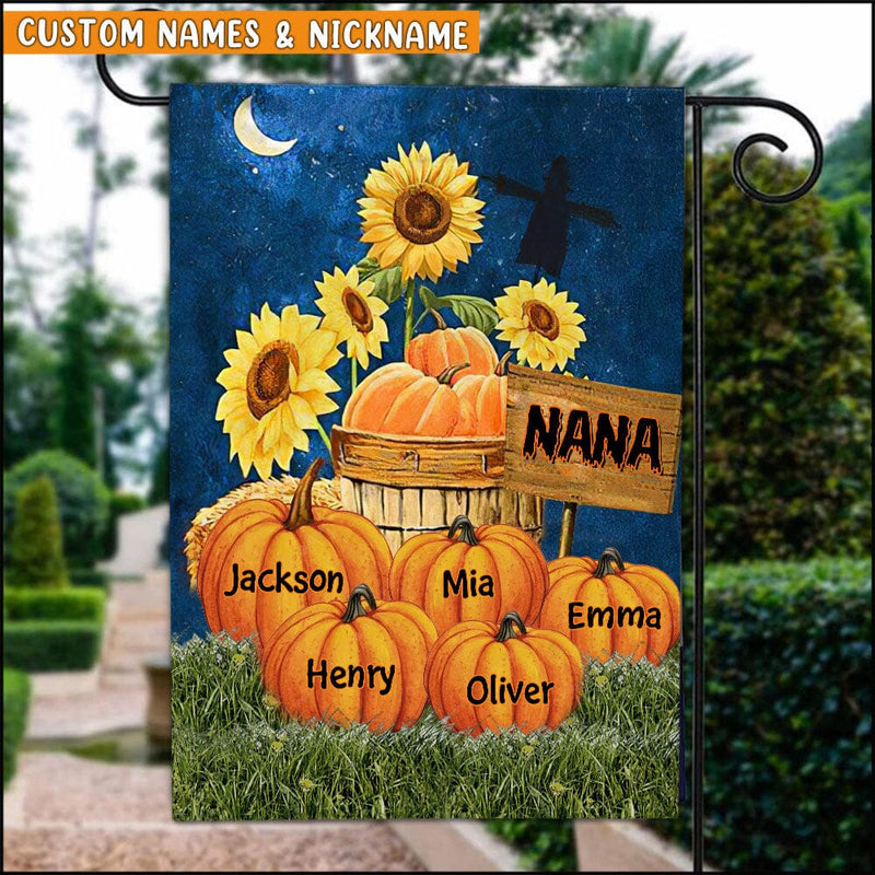 Cute Pumpkins Grandkids Halloween Night Personalized Garden Flag Perfect Gift For Grandmas Moms Aunties
