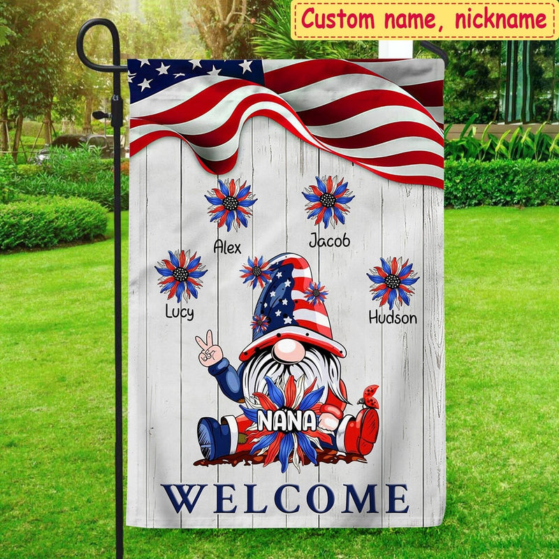 Personalized Usa Flag Gnome Independence Day Grandma With Grandkids 4th Of July Garden House Flag