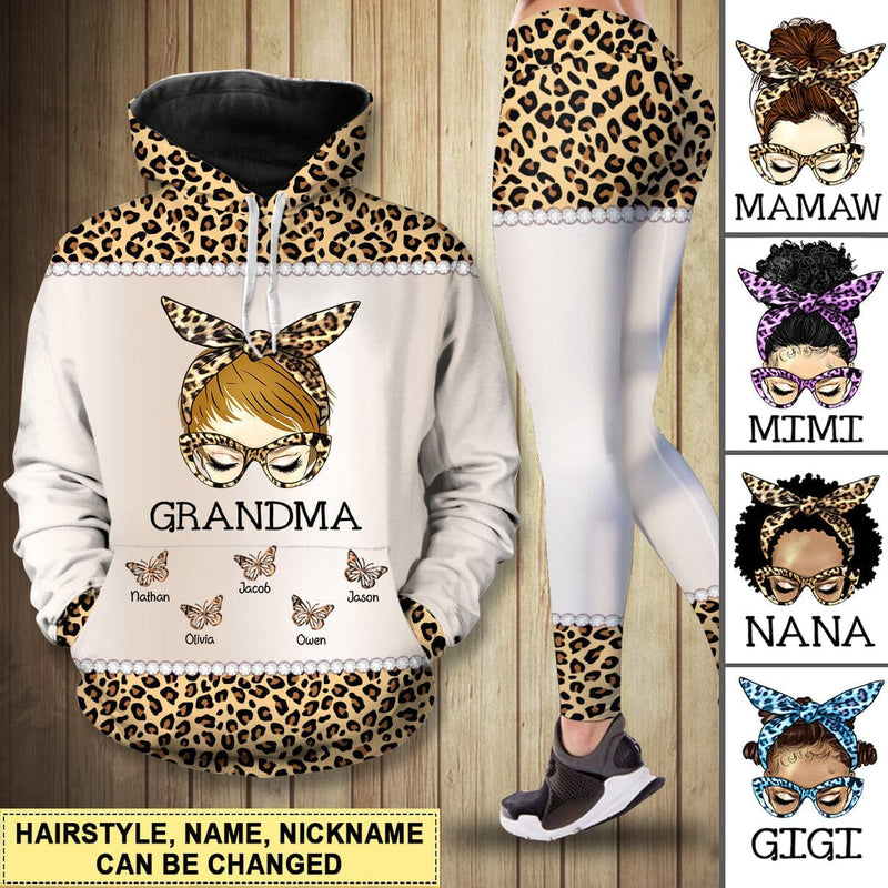 Messy Bun Grandma Mom Nana Leopard Butterfly Kids Personalized Combo Hoodie & Leggings