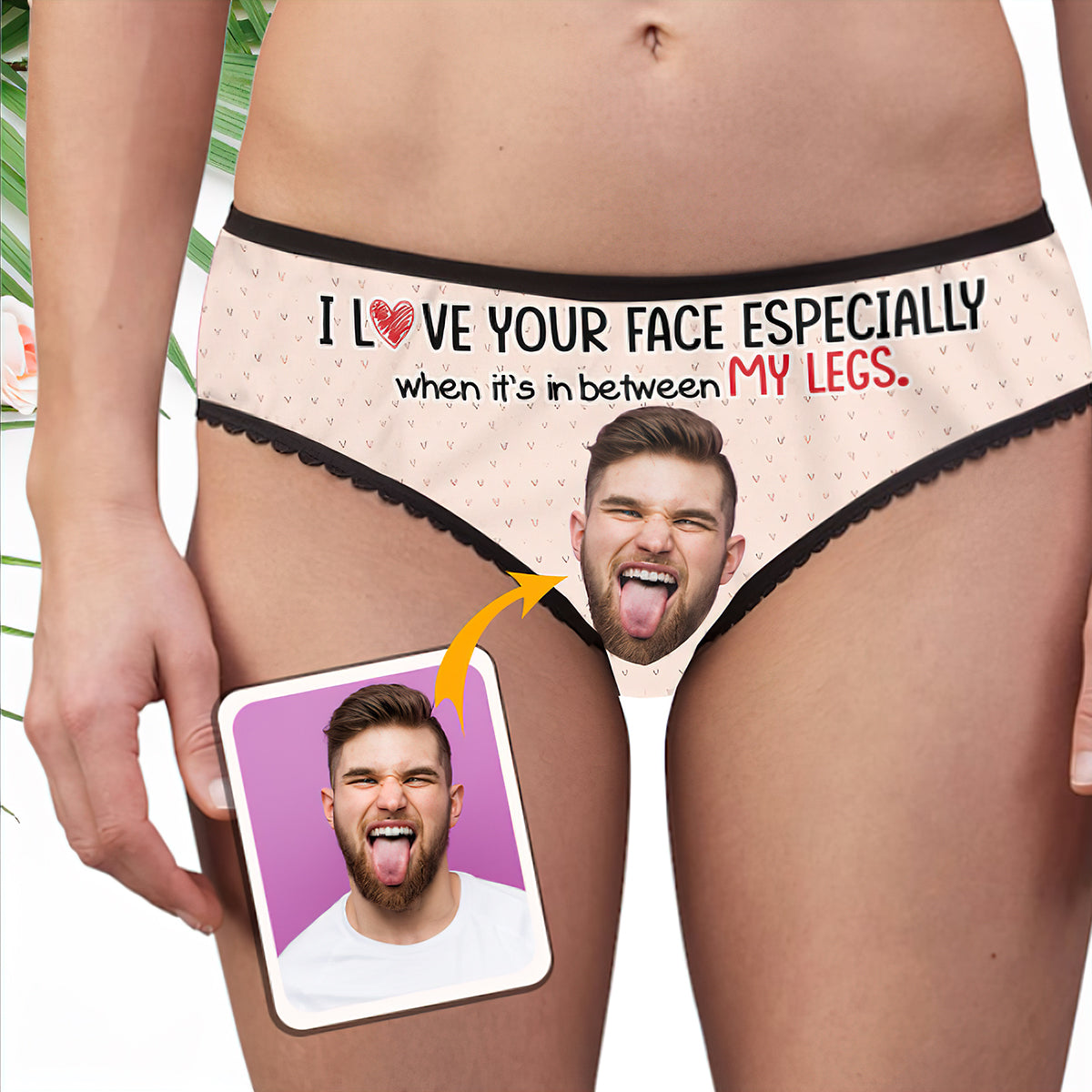 I Love Your Face Especially Custom Upload Photo - Couple Lace Border Women Briefs