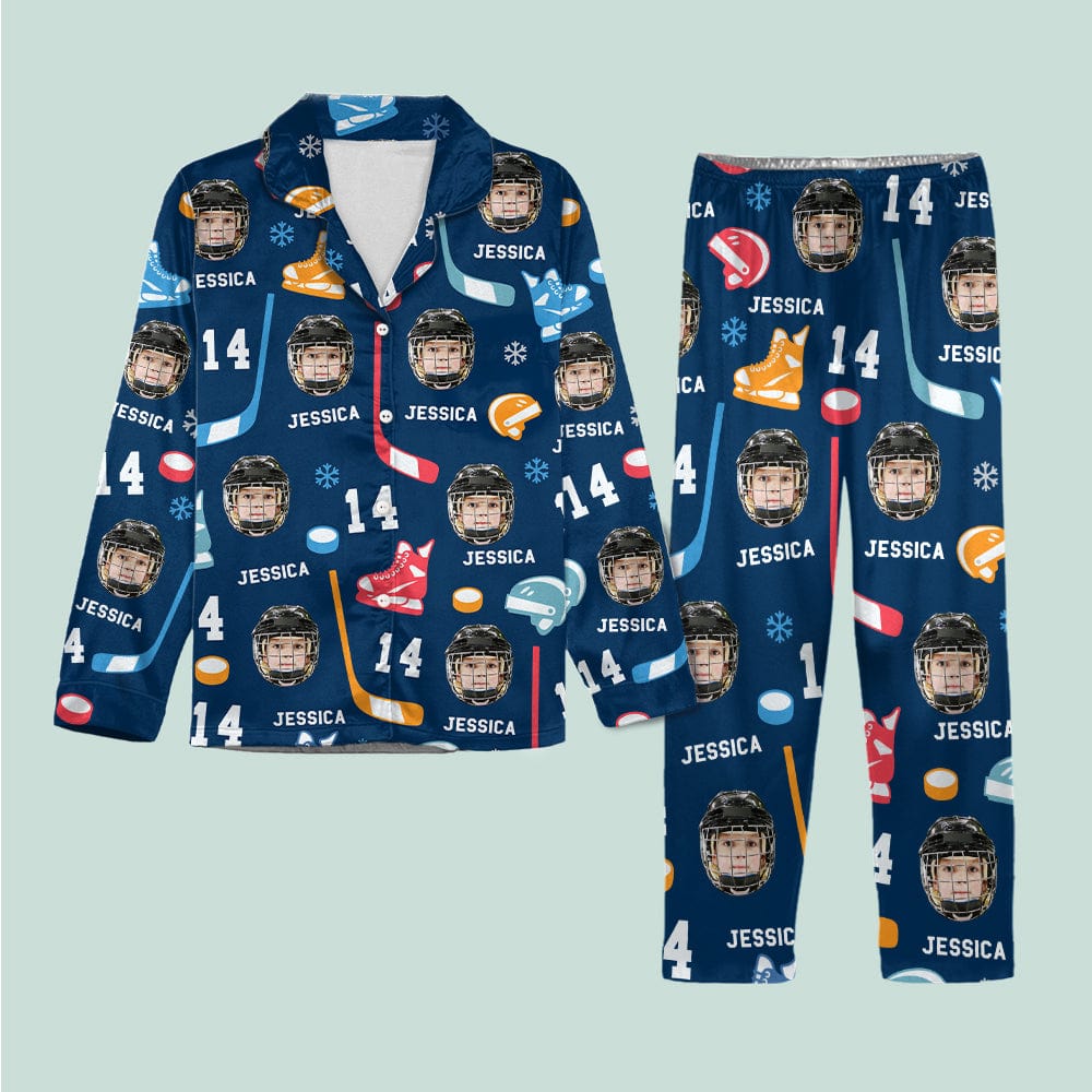 Custom Face Photo With Hockey Sport Family Matching Long Pajamas