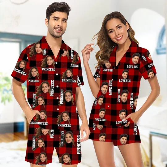 Custom Photo Name Dog Cat Couple Matching Short Pajamas