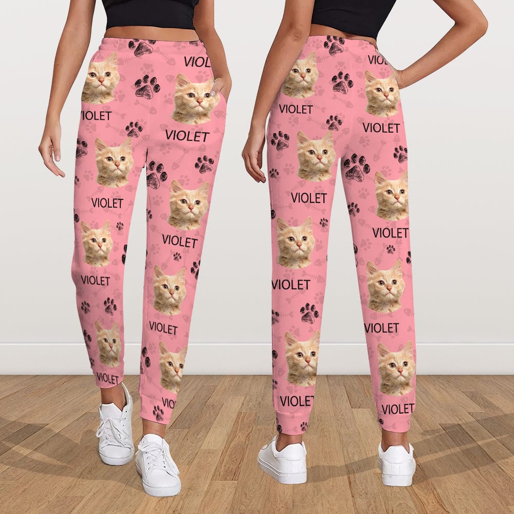 Custom Photo And Name With Paw Pattern For Cat Lovers Personalized Sweatpants