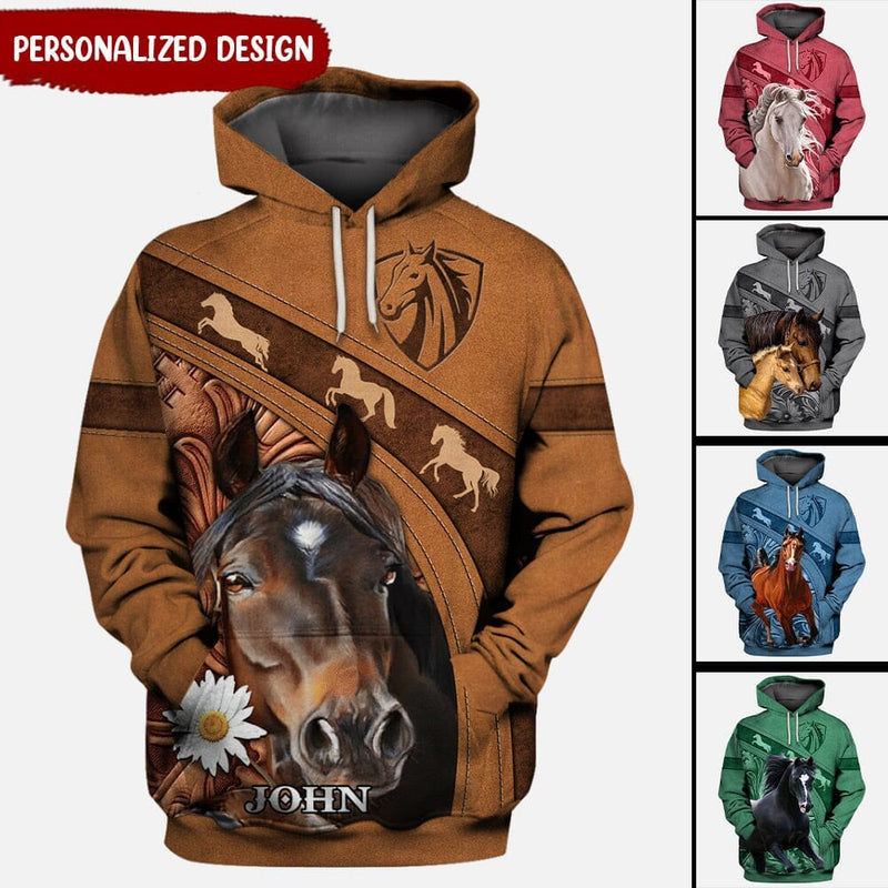 Love Horse Breeds Custom Name Hoofprint Leather Pattern Personalized 3d Hoodie