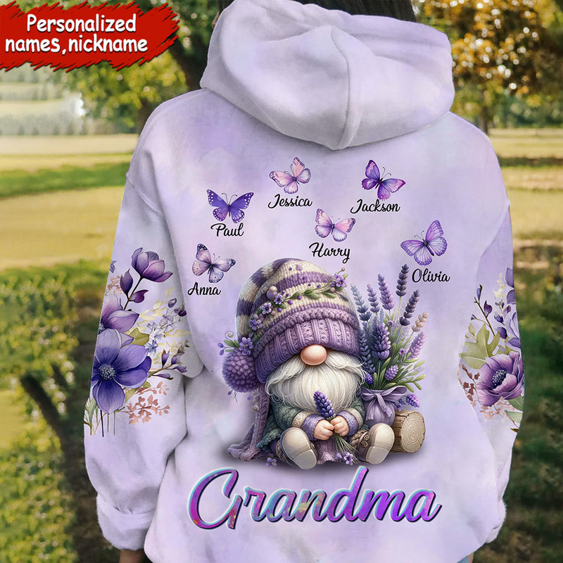 Grandma Gnome With Lavender Flowers And Butterfly Kids Personalized 3d Hoodie