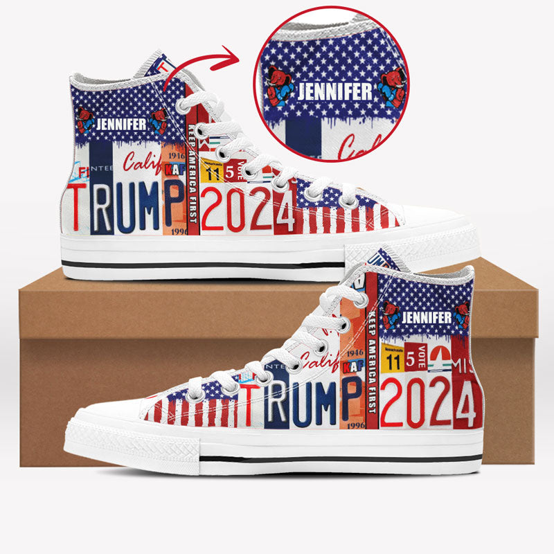 Keep America First Trump 2024 Personalized High Top Sneakers, Gift For Trump Fans