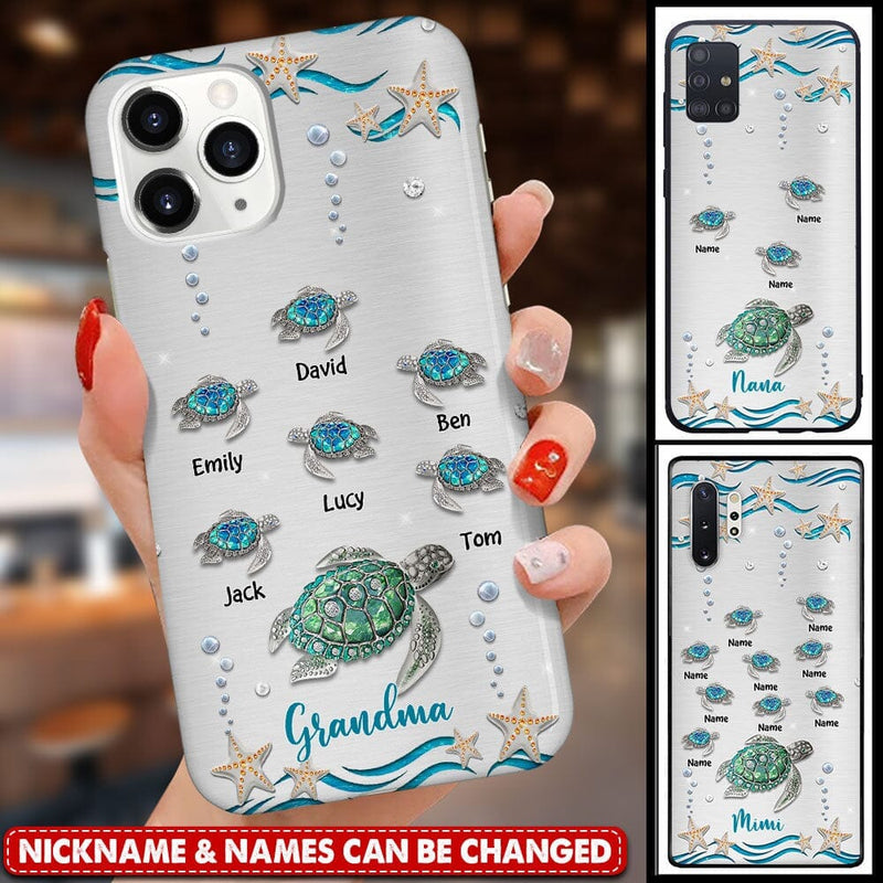 Cute Sea Turtle Grandma With Grandkids Name Ocean Animal Personalized Glass Phone Case