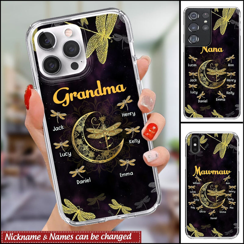 Personalized Grandma Mom Nana Grandkids Dragonfly Moon Phone Case