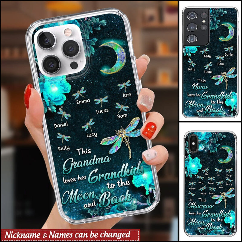 This Grandma Love Her Grandkids To The Moon &amp; Back Personalized Dragonfly Phone Case