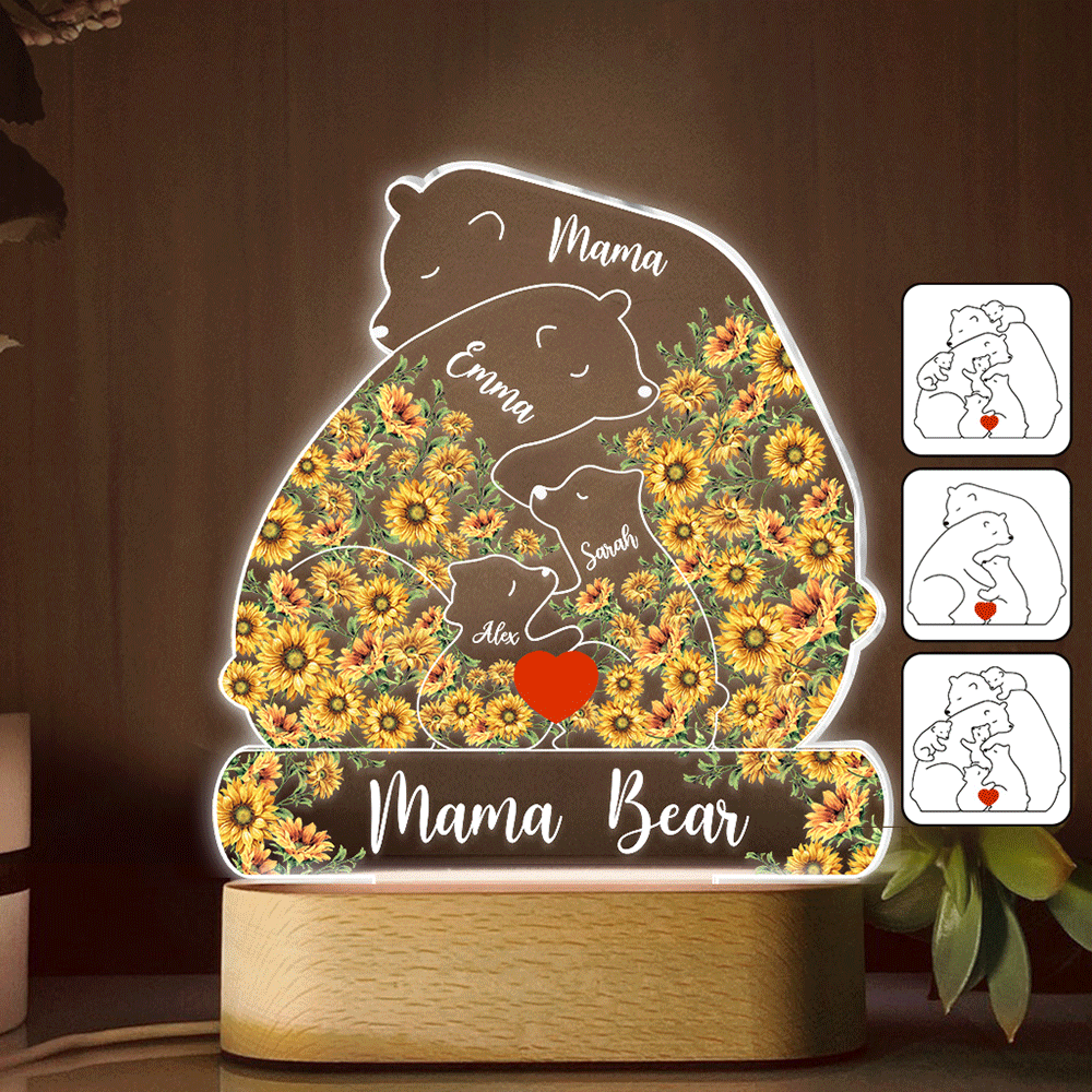 Discover Mama Bear Sunflower - Personalized Mother Shaped Plaque Light Base