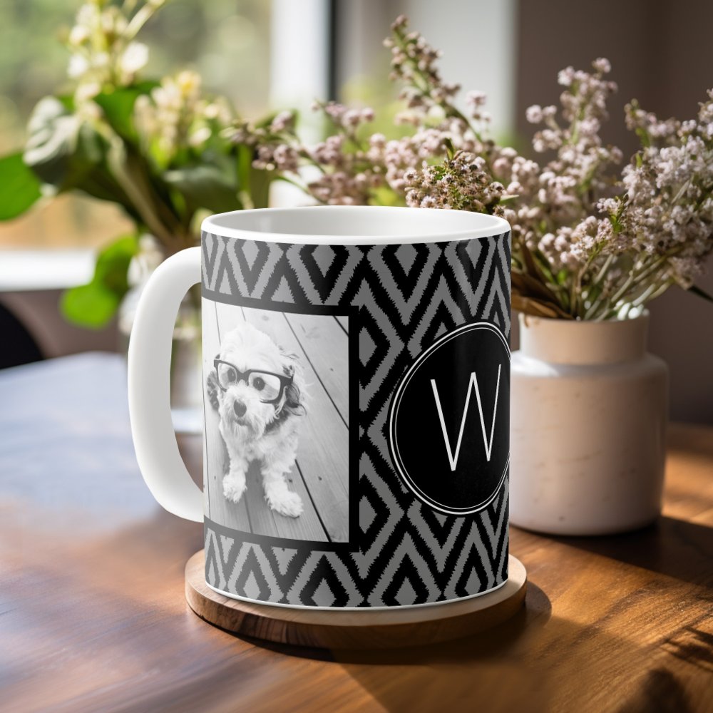 Custom Photo Collage - Black Gray Ikat And Monogram Coffee Mug