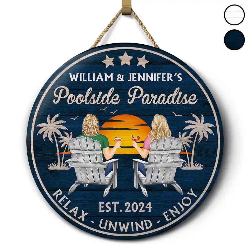 Poolside Paradise - Personalized Wood Circle Door Sign