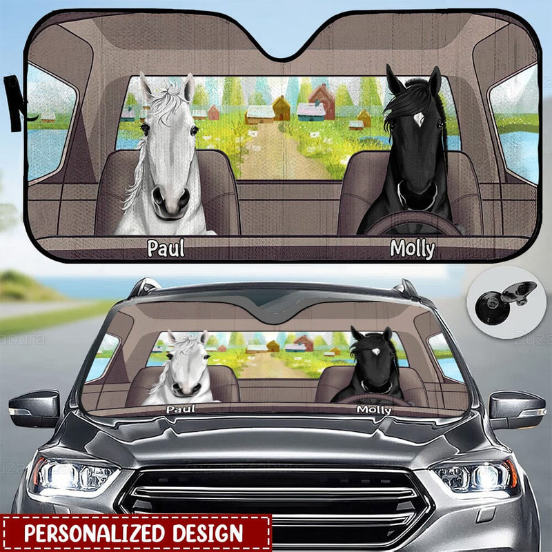 Peeking Horses Driving Car Personalized Auto Sunshade