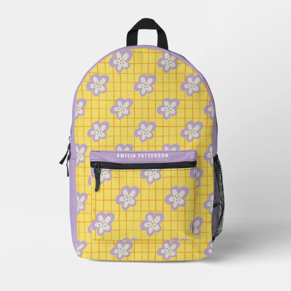 Groovy Yellow Purple Modern Floral Personalized Name Printed Backpack