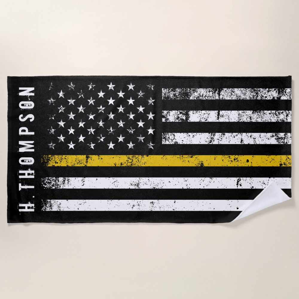 Police Dispatcher | Thin Gold Line Flag Personalized Custom Beach Towel