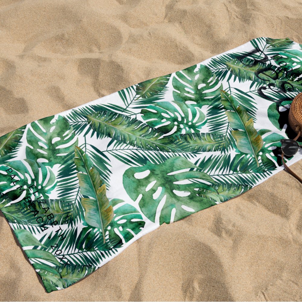 Monstera Palm Banana Tropical Leaves | Monogram Personalized Beach Towel