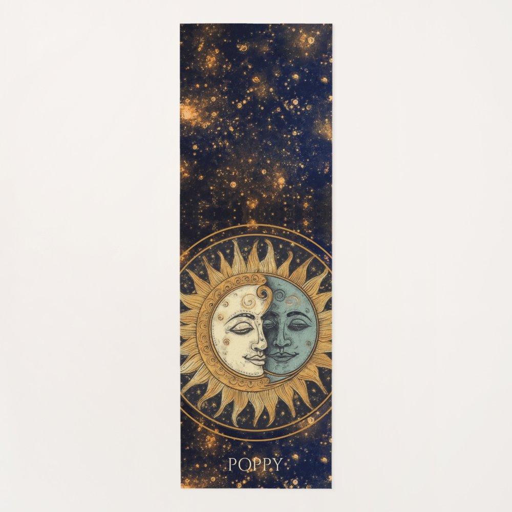 Celestial Gold Blue Sun Moon Faces Personalized Name Yoga Mat