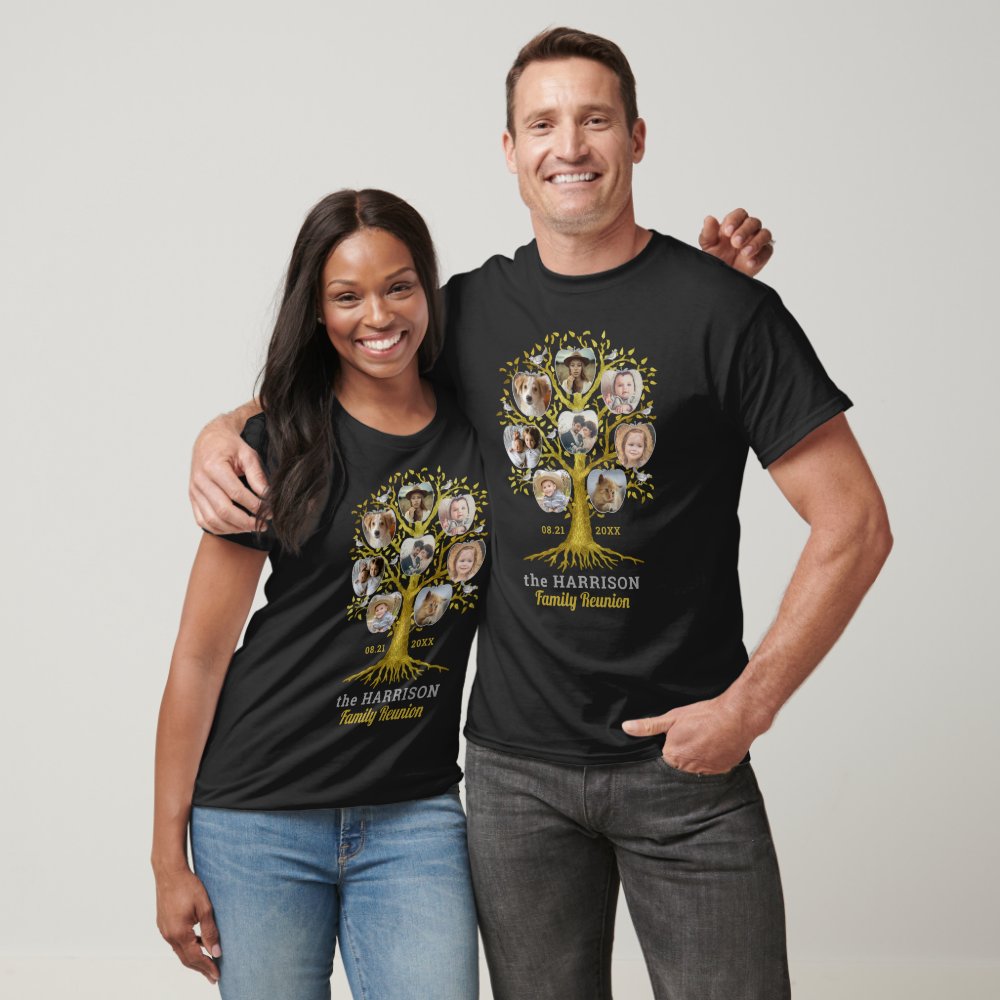 Family Reunion Tree Photo Collage Custom Gold Personalized T-shirt