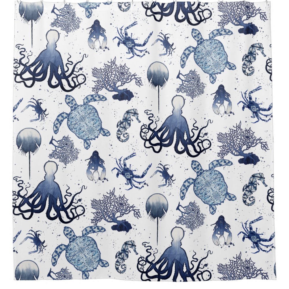 Indigo Shibori Beach Octopus Sea Turtle Seahorse Customizable Text Shower Curtain