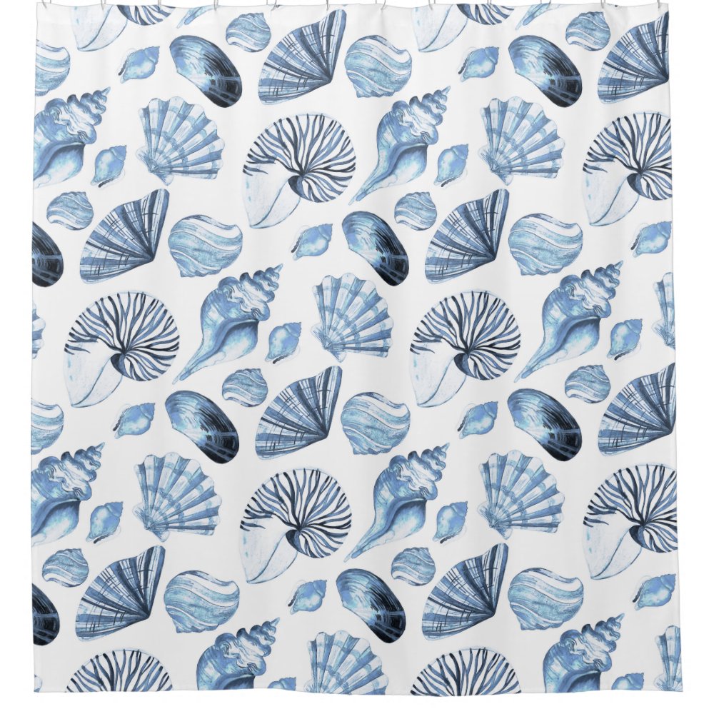 Blue Seashells Pattern On White Beach House Customizable Text Shower Curtain