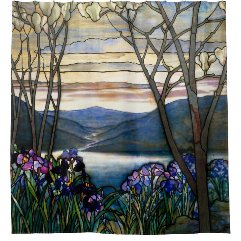 Tiffany Stained Glass Magnolias Irises Art Nouveau Customizable Text Shower Curtain