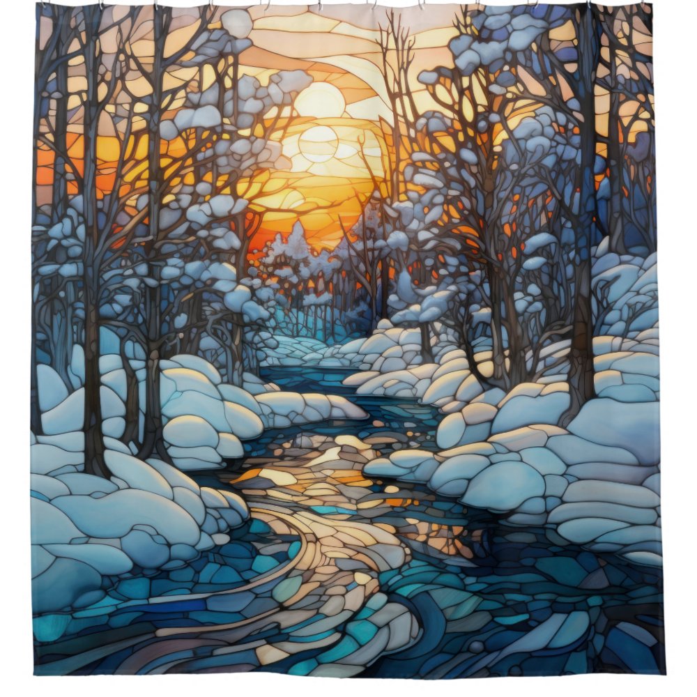 Winter Scenery Stained Glass Customizable Text Shower Curtain