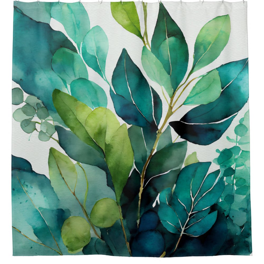 Abstract Teal, Green, Emerald, Botanical Shower Curtain