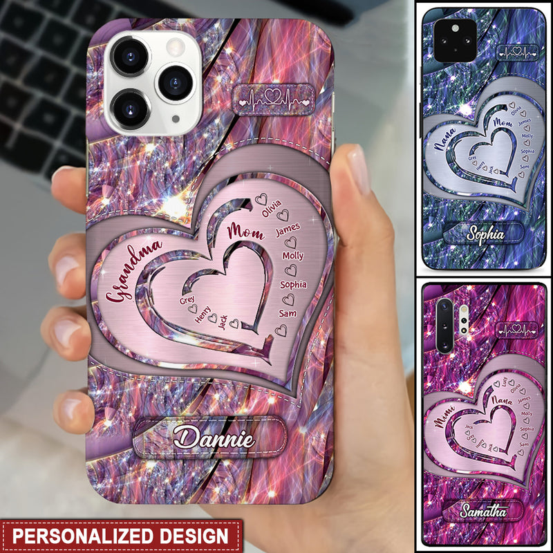 Sparking Grandma Mom Heart With Kid Name Personalized Glass Phone Case