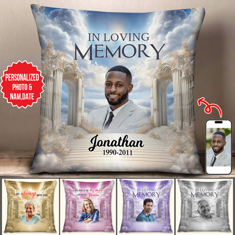 Memorial Upload Photo Heaven Gate Sky, In Loving Memory Personalized Pillow