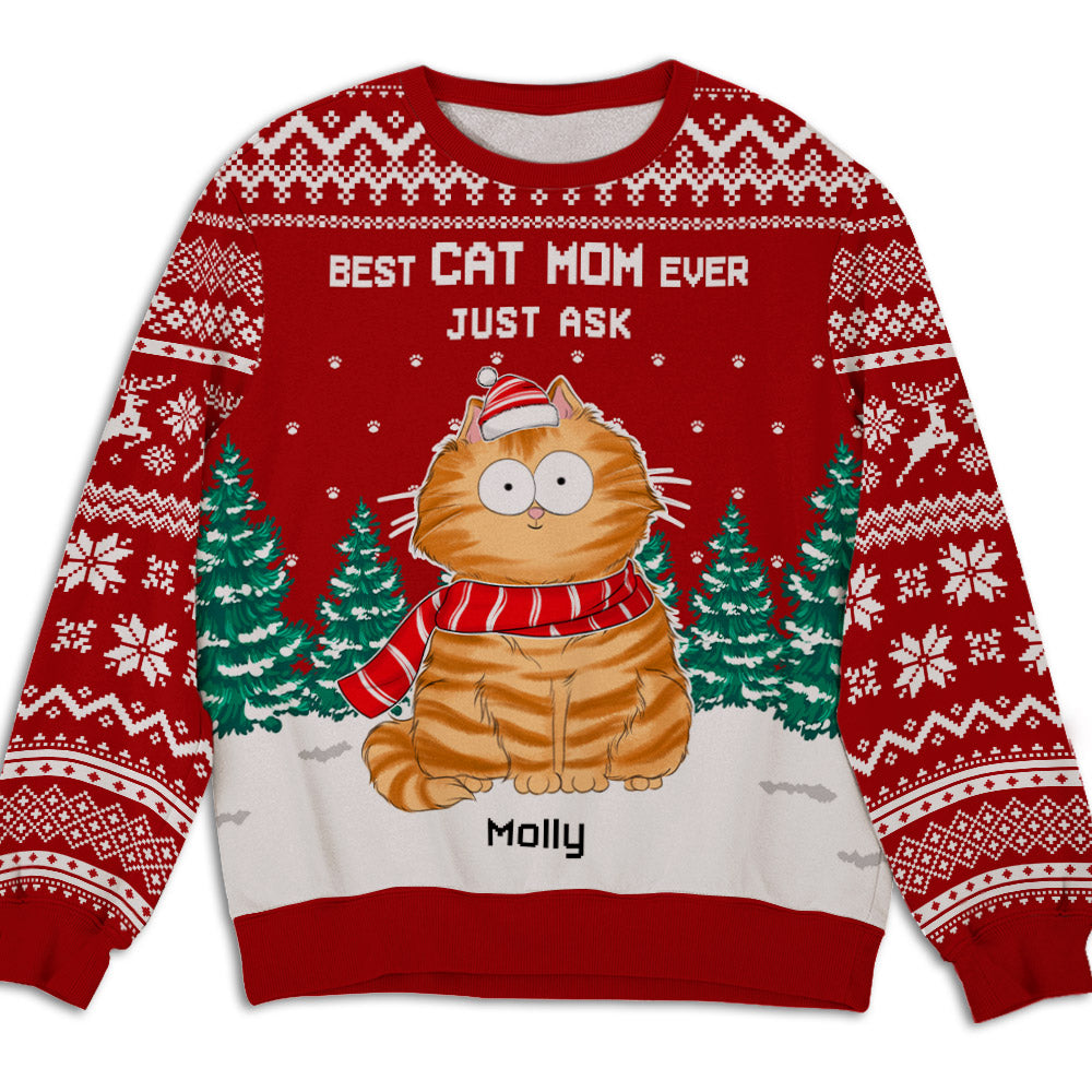 Best Cat Mom Ever Personalized Custom Pet Parent Snowy Christmas Ugly Sweatshirt