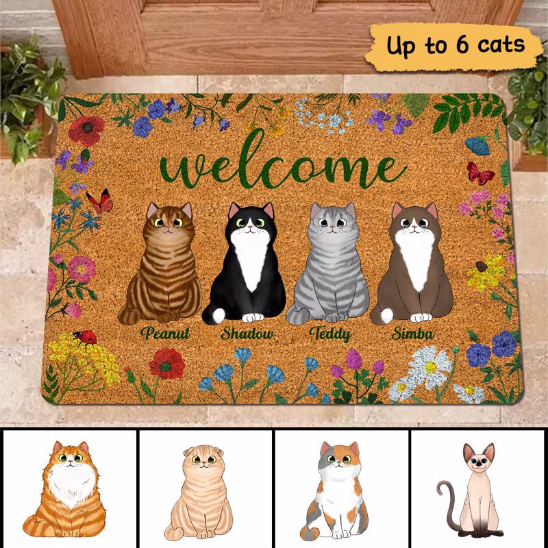 Floral Frame Fluffy Cats Custom Welcom To Pets Lover House Personalized Doormat