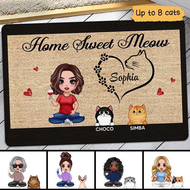Home Sweet Meow Doll Woman And Cats Personalized Doormat