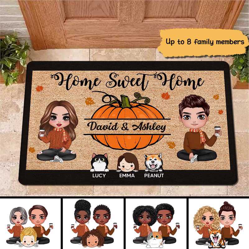 Fall Season Home Sweet Home Doll Couple Kids Dogs Cats Personalized Doormat