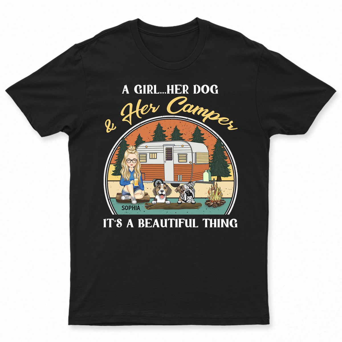 Camping Girl Her Dog And Her Camper Custom Camping Lovers Personalized Unisex T-shirt