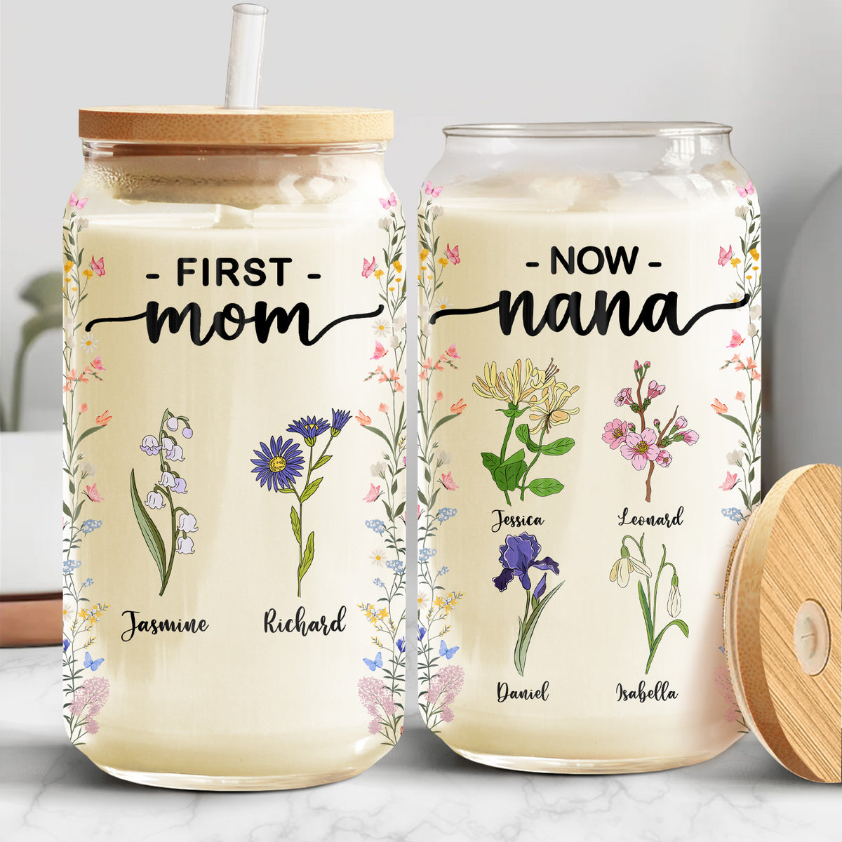 First Mom Now Grandma Birth Month Flowers Custom Mother's Day Personalized Glass Cup