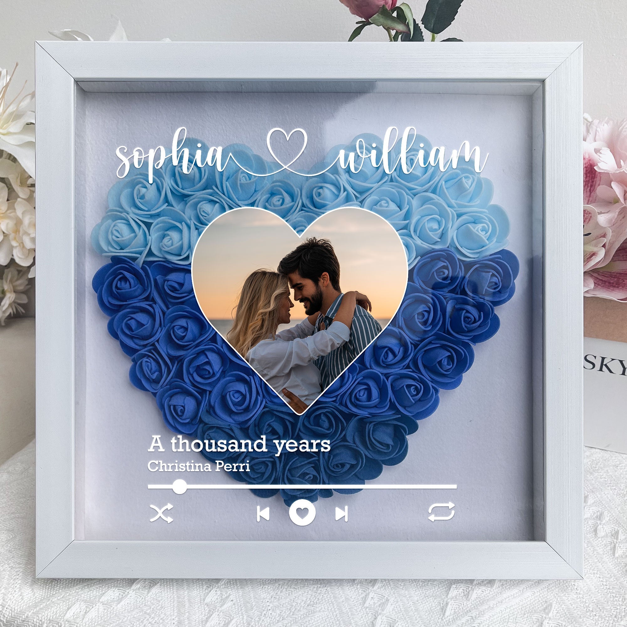 Custom Song Title Couple Gift - Personalized Photo Flower Shadow Box - Gift For Couple Lovers
