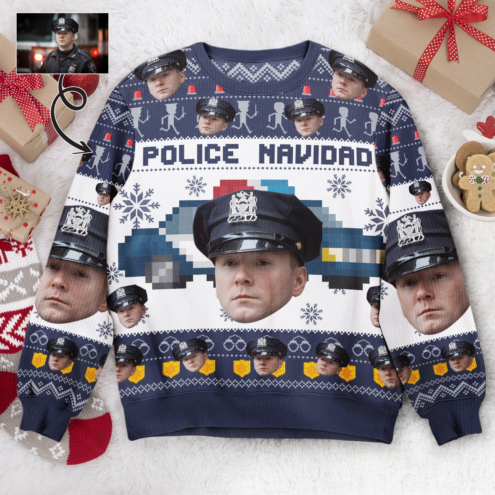 Police Navidad - Personalized Photo Ugly Sweater - Police Officer Gifts For Men