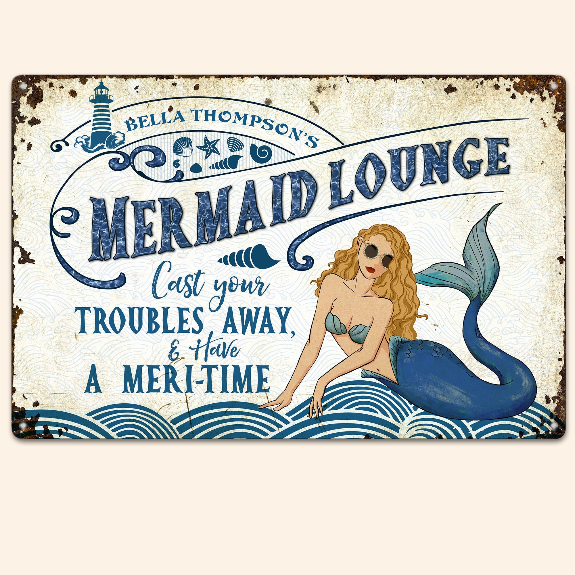 Mermaid Lounge - Cast Your Troubles Away - Personalized Metal Sign