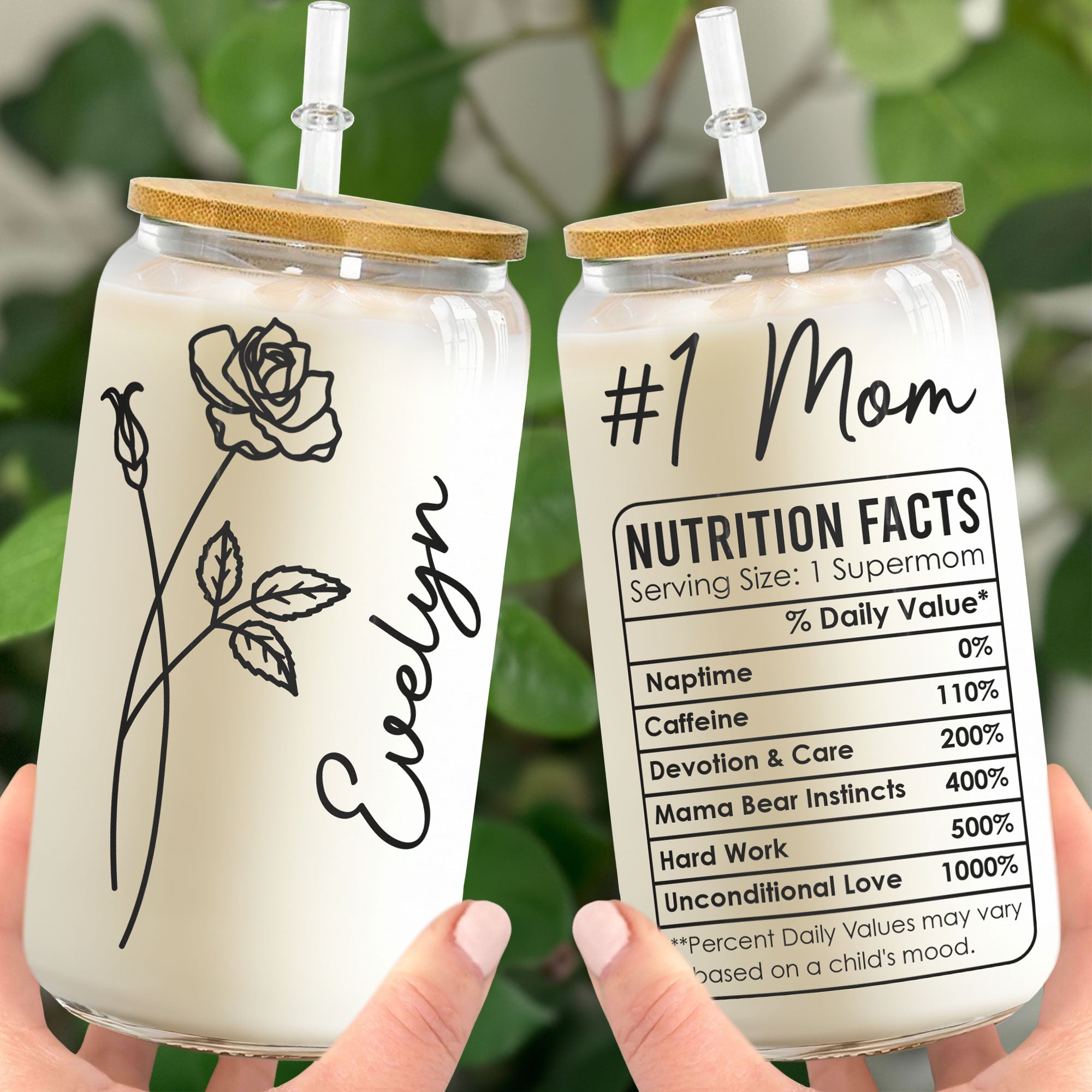 #1 Mom Nutrition Facts Custom Birthday Flowers - Personalized Clear Glass Cup