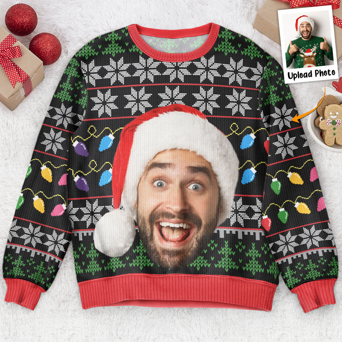 Custom Funny Face Light Up Christmas - Personalized Photo Ugly Sweatshirt